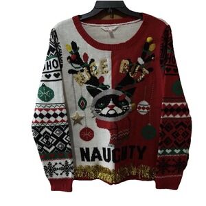 No Boundaries Ugly Sweater Large 11-13 Cat Christmas‎ Nice But Naughty Kitten